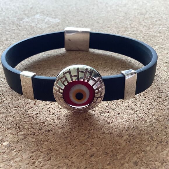 STERLING SILVER 925 SILICONE BLACK BAND RED EVAL EYE GOOD LUCK BRACELET STERLING - Picture 1 of 9